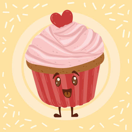 Isolated happy cute cupcake cartoon character Pattern bakery background Vector