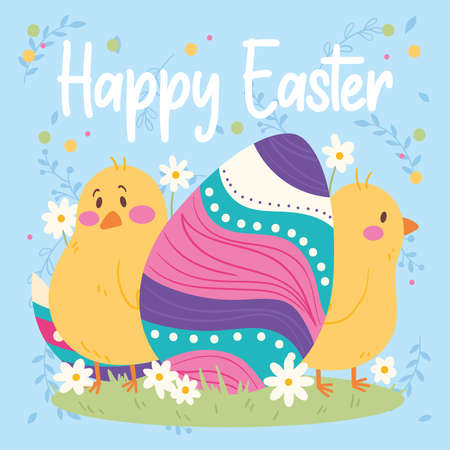 Pair of cute little chicken and an easter egg Easter week card Vectorのイラスト素材