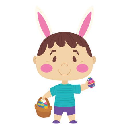 Isolated cute happy boy holding a basket with easter eggs Vector