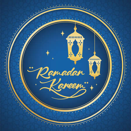 Golden arab lanterns on round label pattern background Ramadan Kareem Vectorのイラスト素材