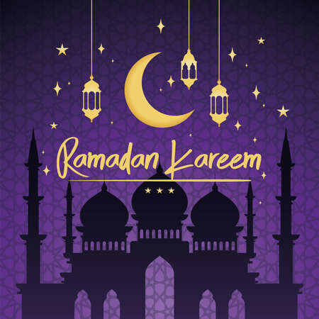 Arab mosque silhouette Golden crescent moon and lamps Ramadan Kareem Vectorのイラスト素材