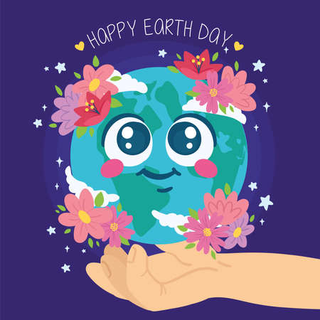 Hand holding a cute earth planet cartoon with flowers Happy earth day Vectorのイラスト素材