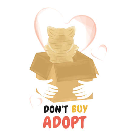 Kitty in a box Heart and hands Pet adoption Vectorのイラスト素材