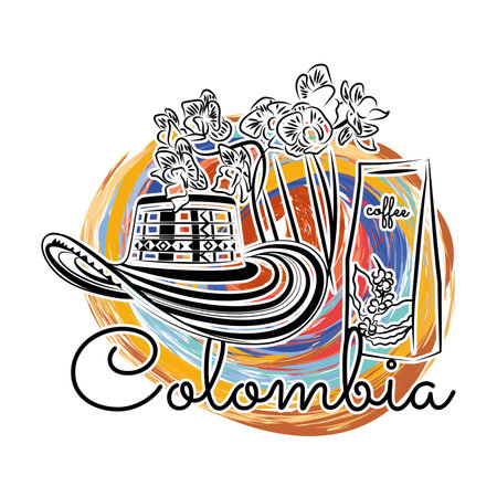 Colored Colombia travel promotion with coffee flowers and hat Vectorのイラスト素材