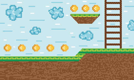 Colored videogame scenary with golden coins and a ladder Vectorのイラスト素材