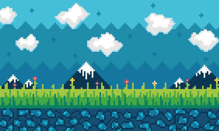 Colored videogame scenary with mountains grass and clouds Vectorのイラスト素材