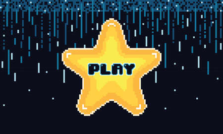 Pixelated videogame scenary with a star shape button to play Vector
