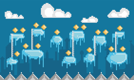Colored pixelated videogame scenary with cold mountains and golden coins Vectorのイラスト素材