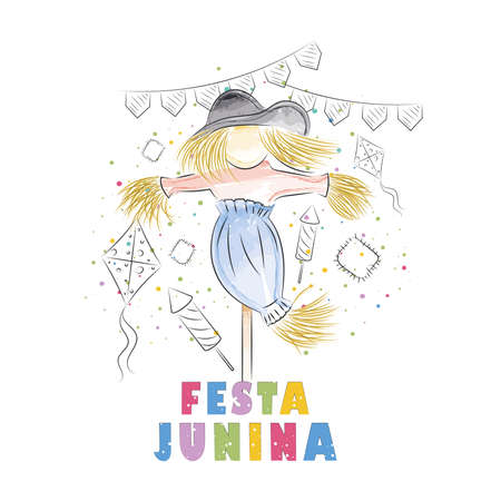 Watercolor scarecrow cartoon character Festa Junina Poster Vectorのイラスト素材