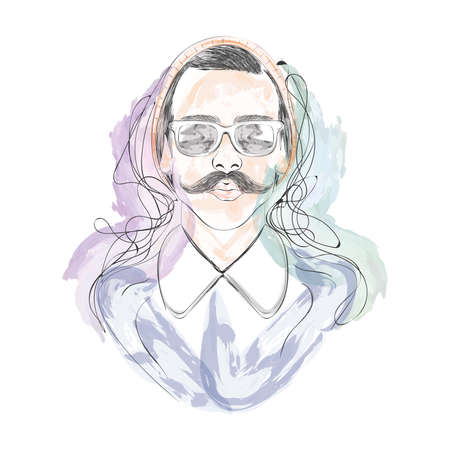 Isolated watercolor sketch of a hipster with bowtie and glasses Vectorのイラスト素材