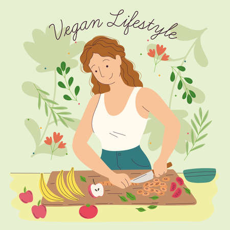 Girl cartoon character slicing some fruits and vegetables Vegan lifestyle Vectorのイラスト素材