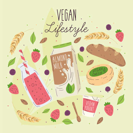 Vegan products and drinks like almond milk on a colored background Vegan lifestyle Vectorのイラスト素材