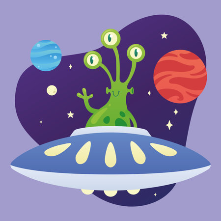 Cute green alien character on a ufo Vectorのイラスト素材