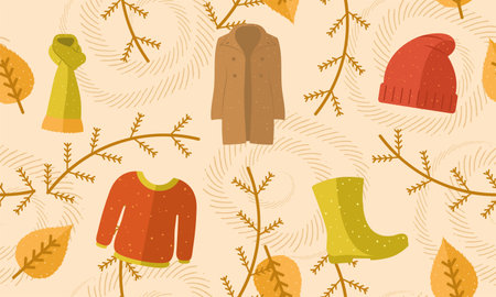 Colored autumn seamless pattern background with seasonal clothes Vectorのイラスト素材