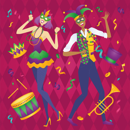 Cute couple with venetian masks Mardi gras party poster Vectorのイラスト素材