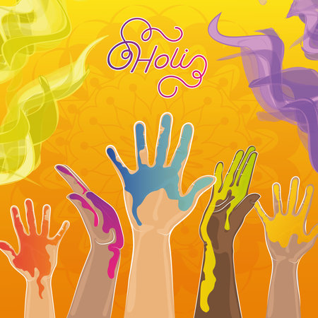 Group of painted hands with powders Holi Festival Vectorのイラスト素材