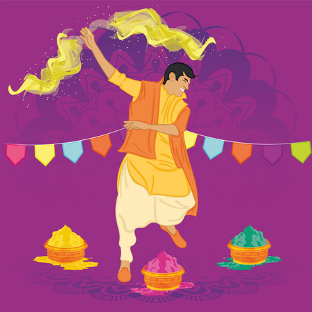 Isolated male character playing with colored powders Holi Festival Vectorのイラスト素材