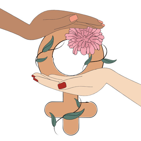 Hands holding female gender symbol with leaves and flower Vectorのイラスト素材