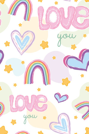 Colored seamless pattern background with heart shapes and rainbows Vectorのイラスト素材