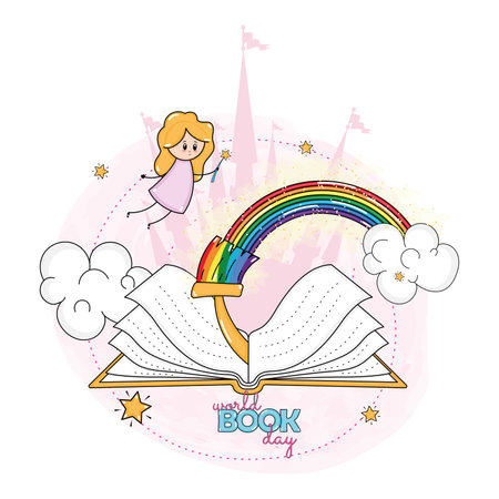 Fantasy book with rainbow and fairy World book day Vectorのイラスト素材
