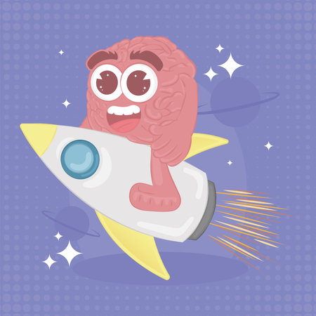 Isolated cute happy brain cartoon character on a rocket Vectorのイラスト素材