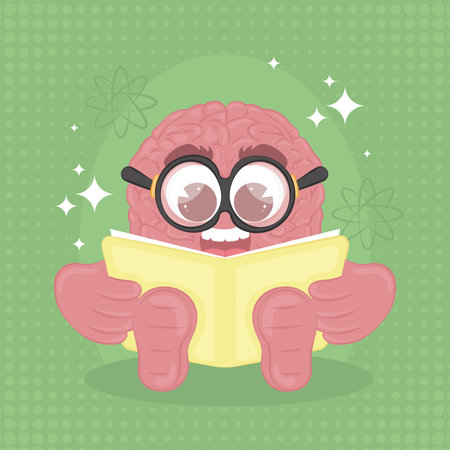 Isolated cute happy brain cartoon character reading a book Vectorのイラスト素材