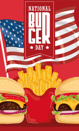 National burger day vertical template with cheeseburger and french fries Vectorのイラスト素材