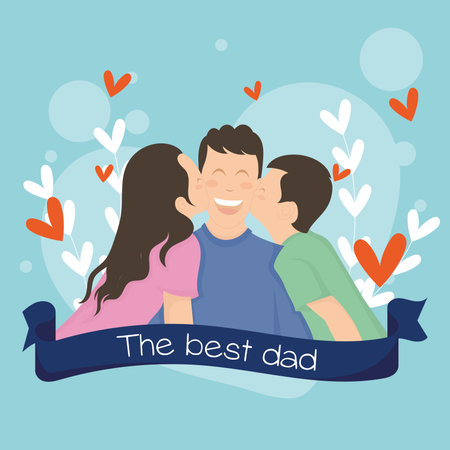 Cute father character being kissed by his children Happy father day Vectorのイラスト素材