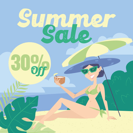 Summer sale discount template with female character taking a sunbath Vectorのイラスト素材