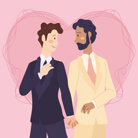 Isolated cute homosexual wedding couple characters on a heart shape Vectorのイラスト素材