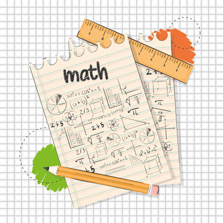 Pair of papers with mathematical formulas and a pencil Math class concept Vectorのイラスト素材