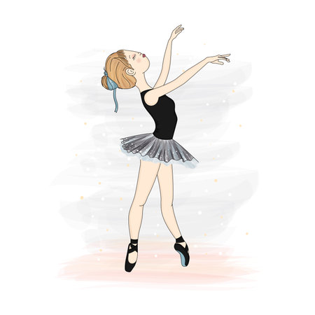 Cute female girl character with black tutu doing ballet exercises Vectorのイラスト素材