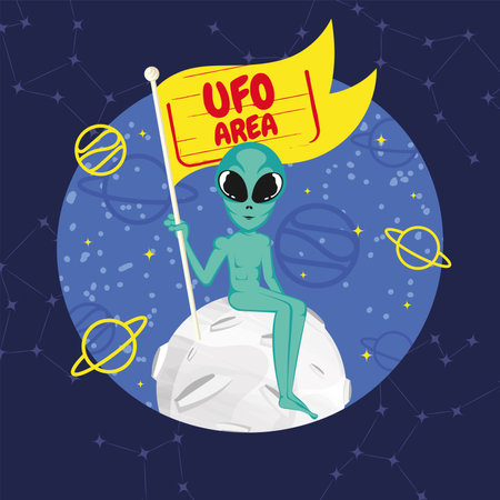 Cute cartoon alien UFO sticker Vectorのイラスト素材