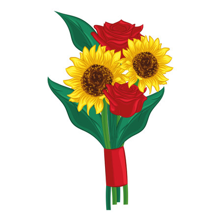 Realistic detailed rose and sunflowers bouquet Vectorのイラスト素材