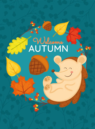 Happy Hedgehog Welcoming Autumn with Acorns Vectorのイラスト素材