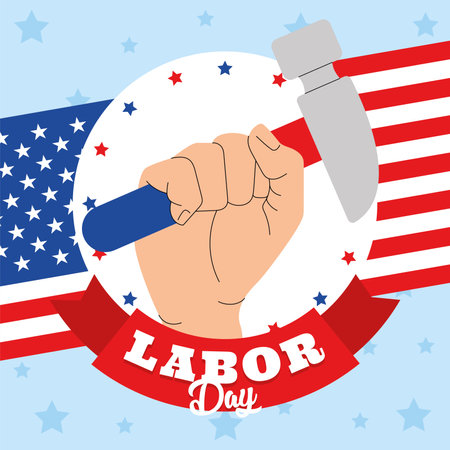 Labor Day graphic with fist holding hammer and flag Vectorのイラスト素材
