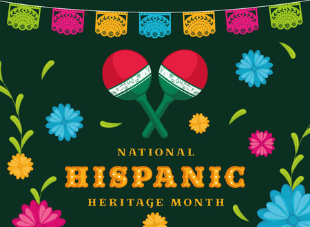 National Hispanic Heritage Month banner with maracas and flowers, Vectorのイラスト素材