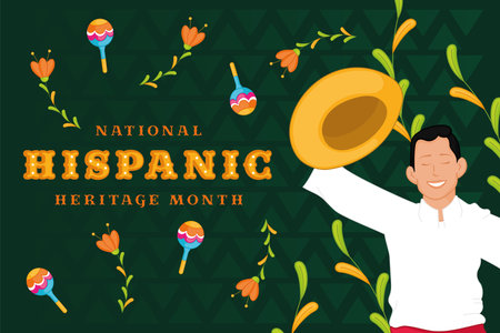 National Hispanic Heritage Month banner with man maracas and flowers, Vectorのイラスト素材