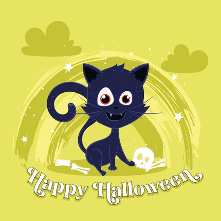 Happy Halloween black cat with bones and skull, Vectorのイラスト素材