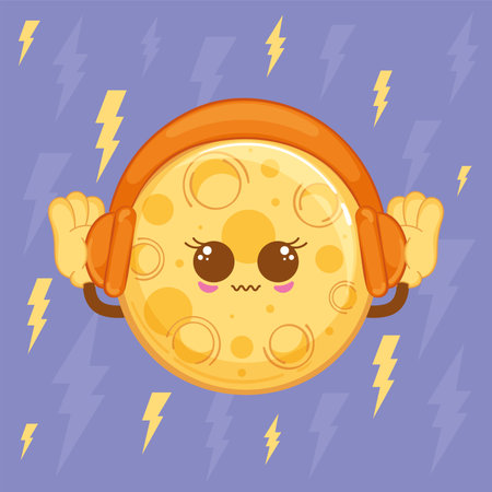 Moon character wearing headphones with lightning background, vectorのイラスト素材