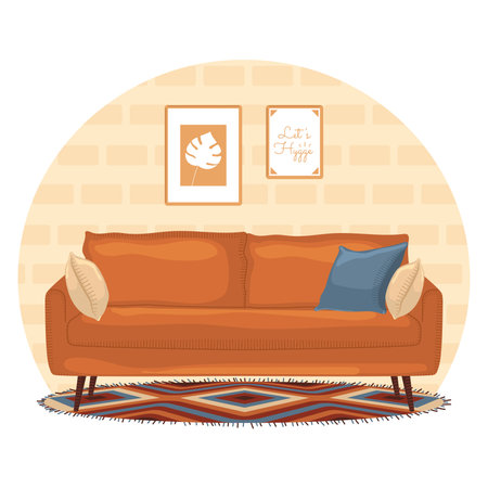 Cozy living room interior with orange sofa and decor, Vectorのイラスト素材