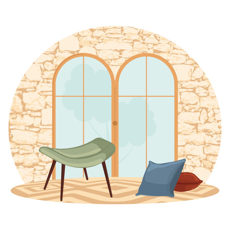 Living room with green chair and large window view, Vectorのイラスト素材