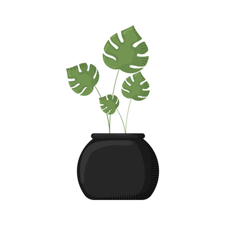Black vase with green tropical leaves for interior decor, Vectorのイラスト素材