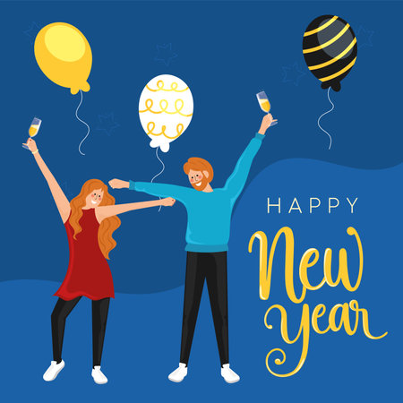 Happy New Year celebration with balloons and champagne, Vectorのイラスト素材