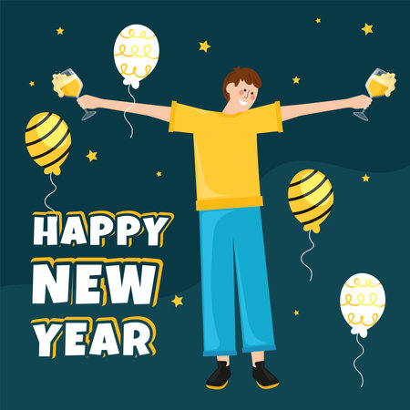 Happy New Year with man toasting and holding balloons, Vectorのイラスト素材
