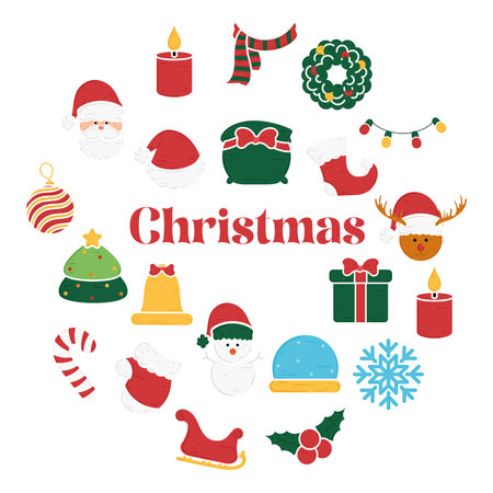 Christmas symbols with Santa, snowman, and holiday gifts, Vectorのイラスト素材