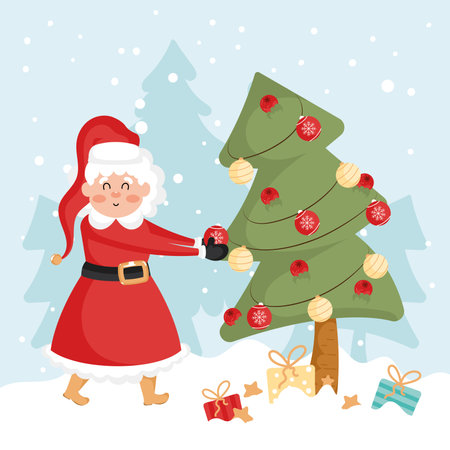 Mrs Claus decorating Christmas tree with gifts, Vectorのイラスト素材