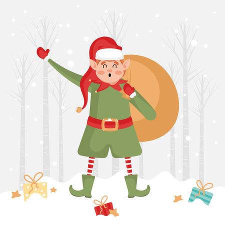 Christmas elf with large gift sack, Vectorのイラスト素材