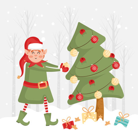 Christmas elf decorating Christmas tree with gifts, Vectorのイラスト素材