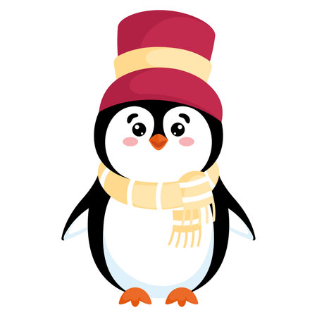 Penguin with yellow scarf and tall hat, Vectorのイラスト素材